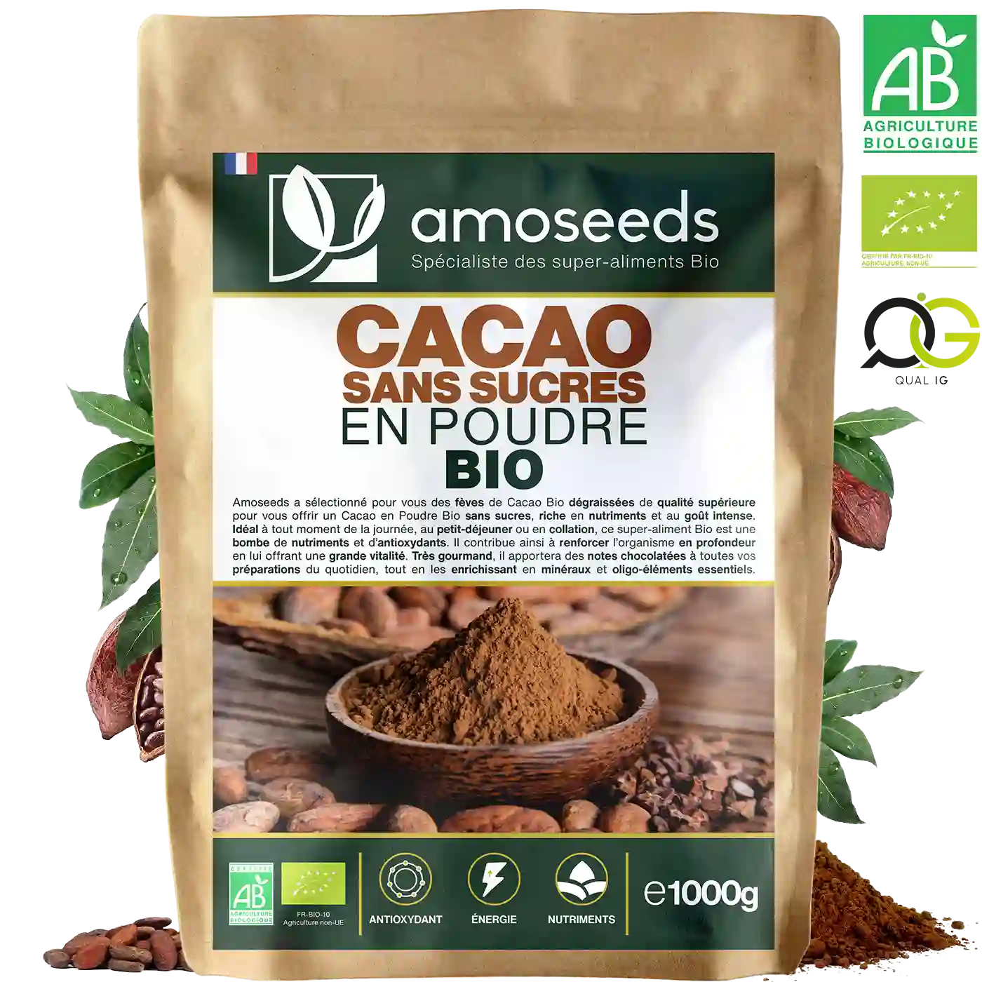 Amoseeds Cacao en Poudre Bio Sans Sucre 250g