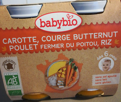 BabyBio Carotte, Butternut, Poulet & Riz Bio dès 6 Mois 2x200g